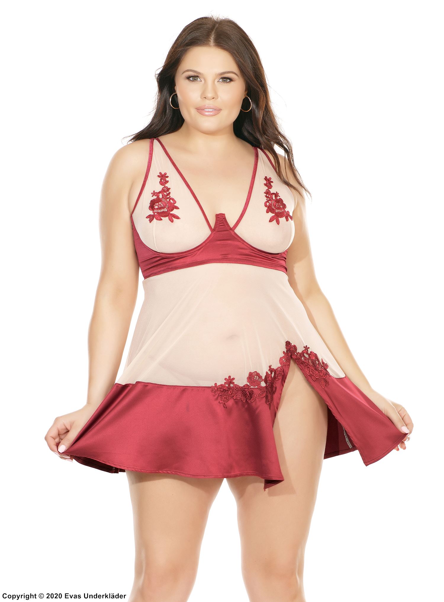 Romantisches Babydoll, Satin, Schlitz, Spitzenapplikation, XL bis 4XL